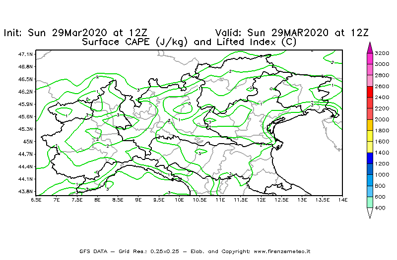 Mappa di analisi GFS - CAPE [J/kg] e Lifted Index [°C] in Nord-Italia
							del 29/03/2020 12 <!--googleoff: index-->UTC<!--googleon: index-->