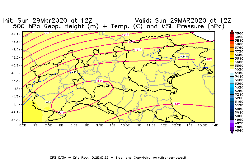 Mappa di analisi GFS - Geopotenziale [m] + Temp. [°C] a 500 hPa + Press. a livello del mare [hPa] in Nord-Italia
							del 29/03/2020 12 <!--googleoff: index-->UTC<!--googleon: index-->
