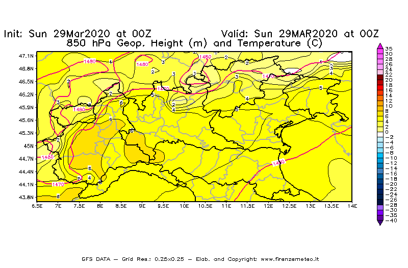 Mappa di analisi GFS - Geopotenziale [m] e Temperatura [°C] a 850 hPa in Nord-Italia
							del 29/03/2020 00 <!--googleoff: index-->UTC<!--googleon: index-->