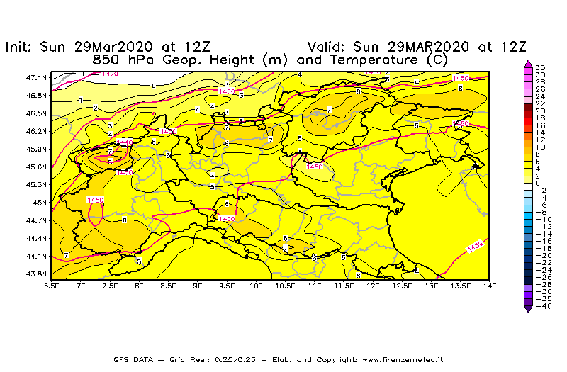 Mappa di analisi GFS - Geopotenziale [m] e Temperatura [°C] a 850 hPa in Nord-Italia
							del 29/03/2020 12 <!--googleoff: index-->UTC<!--googleon: index-->