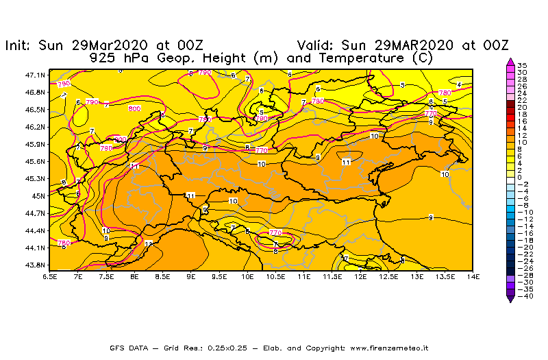 Mappa di analisi GFS - Geopotenziale [m] e Temperatura [°C] a 925 hPa in Nord-Italia
							del 29/03/2020 00 <!--googleoff: index-->UTC<!--googleon: index-->