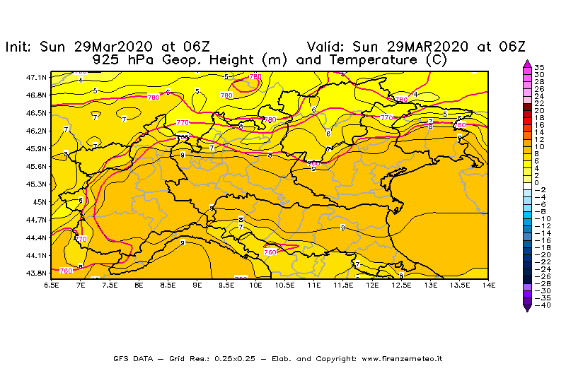 Mappa di analisi GFS - Geopotenziale [m] e Temperatura [°C] a 925 hPa in Nord-Italia
							del 29/03/2020 06 <!--googleoff: index-->UTC<!--googleon: index-->