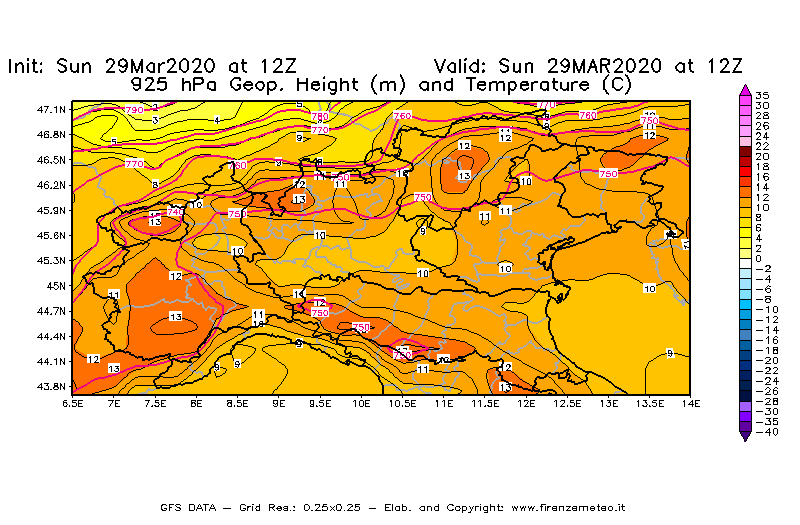 Mappa di analisi GFS - Geopotenziale [m] e Temperatura [°C] a 925 hPa in Nord-Italia
							del 29/03/2020 12 <!--googleoff: index-->UTC<!--googleon: index-->