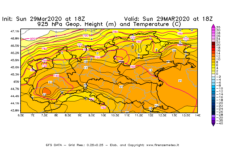 Mappa di analisi GFS - Geopotenziale [m] e Temperatura [°C] a 925 hPa in Nord-Italia
							del 29/03/2020 18 <!--googleoff: index-->UTC<!--googleon: index-->