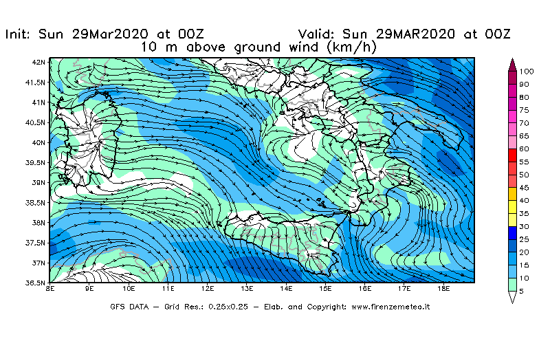 Mappa di analisi GFS - Velocità del vento a 10 metri dal suolo [km/h] in Sud-Italia
							del 29/03/2020 00 <!--googleoff: index-->UTC<!--googleon: index-->