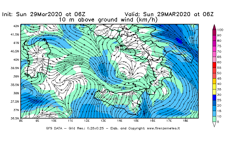 Mappa di analisi GFS - Velocità del vento a 10 metri dal suolo [km/h] in Sud-Italia
							del 29/03/2020 06 <!--googleoff: index-->UTC<!--googleon: index-->