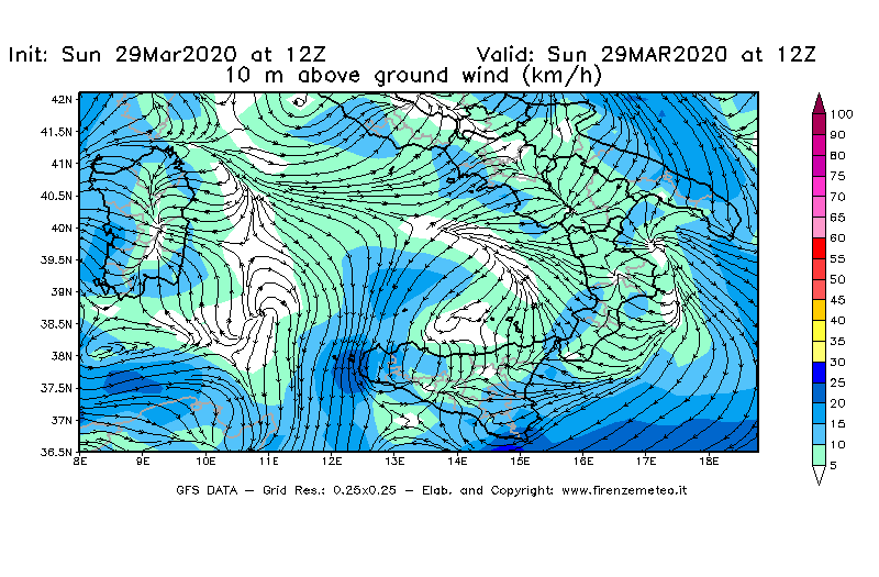 Mappa di analisi GFS - Velocità del vento a 10 metri dal suolo [km/h] in Sud-Italia
							del 29/03/2020 12 <!--googleoff: index-->UTC<!--googleon: index-->
