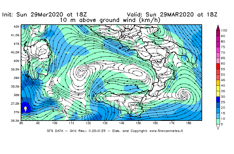Mappa di analisi GFS - Velocità del vento a 10 metri dal suolo [km/h] in Sud-Italia
							del 29/03/2020 18 <!--googleoff: index-->UTC<!--googleon: index-->