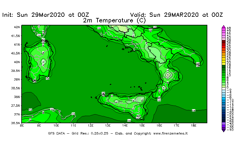 Mappa di analisi GFS - Temperatura a 2 metri dal suolo [°C] in Sud-Italia
							del 29/03/2020 00 <!--googleoff: index-->UTC<!--googleon: index-->