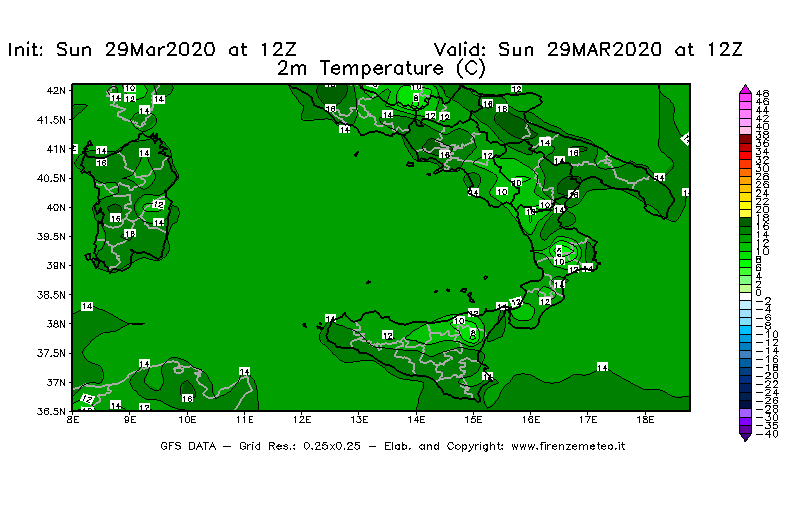 Mappa di analisi GFS - Temperatura a 2 metri dal suolo [°C] in Sud-Italia
							del 29/03/2020 12 <!--googleoff: index-->UTC<!--googleon: index-->