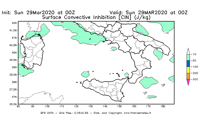 Mappa di analisi GFS - CIN [J/kg] in Sud-Italia
							del 29/03/2020 00 <!--googleoff: index-->UTC<!--googleon: index-->