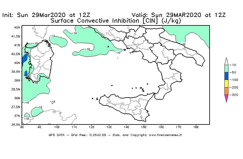 Mappa di analisi GFS - CIN [J/kg] in Sud-Italia
							del 29/03/2020 12 <!--googleoff: index-->UTC<!--googleon: index-->