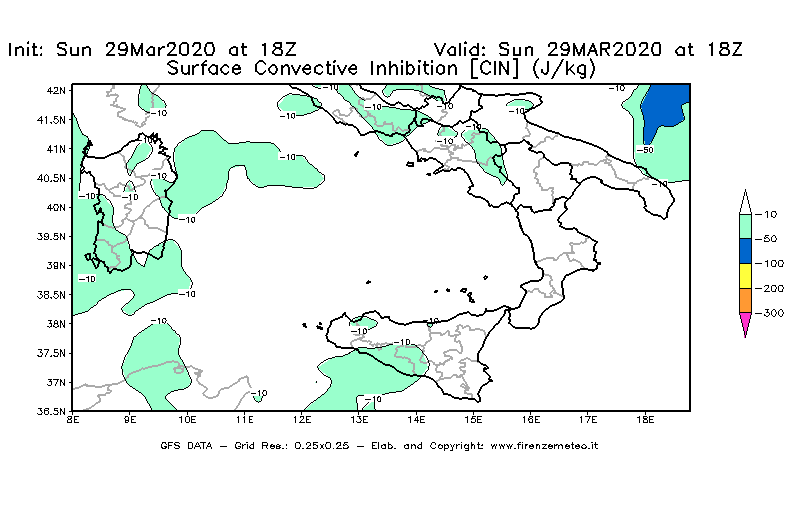 Mappa di analisi GFS - CIN [J/kg] in Sud-Italia
							del 29/03/2020 18 <!--googleoff: index-->UTC<!--googleon: index-->