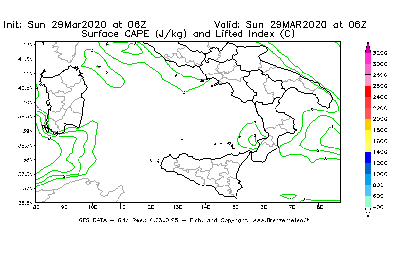 Mappa di analisi GFS - CAPE [J/kg] e Lifted Index [°C] in Sud-Italia
							del 29/03/2020 06 <!--googleoff: index-->UTC<!--googleon: index-->