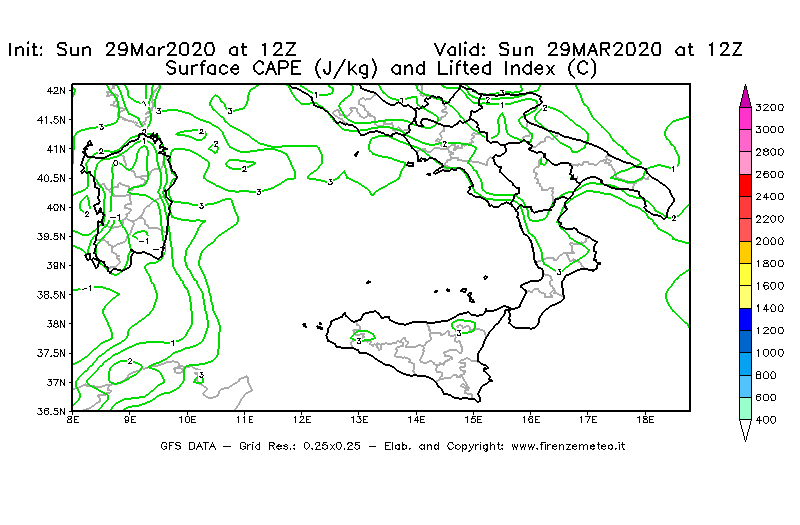 Mappa di analisi GFS - CAPE [J/kg] e Lifted Index [°C] in Sud-Italia
							del 29/03/2020 12 <!--googleoff: index-->UTC<!--googleon: index-->