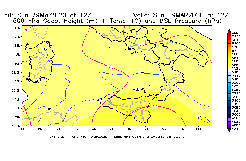 Mappa di analisi GFS - Geopotenziale [m] + Temp. [°C] a 500 hPa + Press. a livello del mare [hPa] in Sud-Italia
							del 29/03/2020 12 <!--googleoff: index-->UTC<!--googleon: index-->
