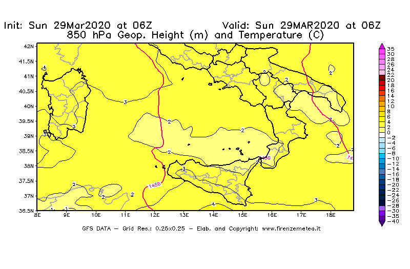 Mappa di analisi GFS - Geopotenziale [m] e Temperatura [°C] a 850 hPa in Sud-Italia
							del 29/03/2020 06 <!--googleoff: index-->UTC<!--googleon: index-->
