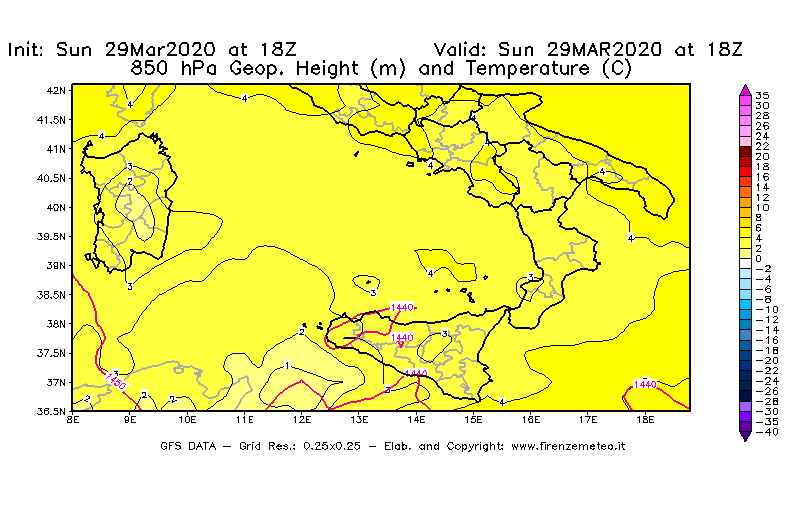 Mappa di analisi GFS - Geopotenziale [m] e Temperatura [°C] a 850 hPa in Sud-Italia
							del 29/03/2020 18 <!--googleoff: index-->UTC<!--googleon: index-->