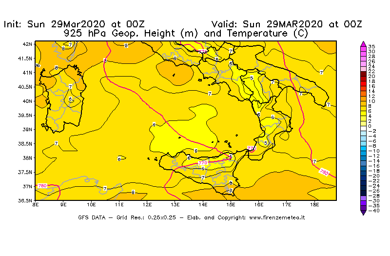 Mappa di analisi GFS - Geopotenziale [m] e Temperatura [°C] a 925 hPa in Sud-Italia
							del 29/03/2020 00 <!--googleoff: index-->UTC<!--googleon: index-->