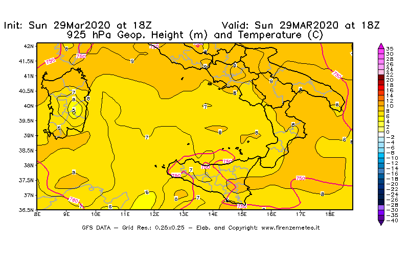 Mappa di analisi GFS - Geopotenziale [m] e Temperatura [°C] a 925 hPa in Sud-Italia
							del 29/03/2020 18 <!--googleoff: index-->UTC<!--googleon: index-->