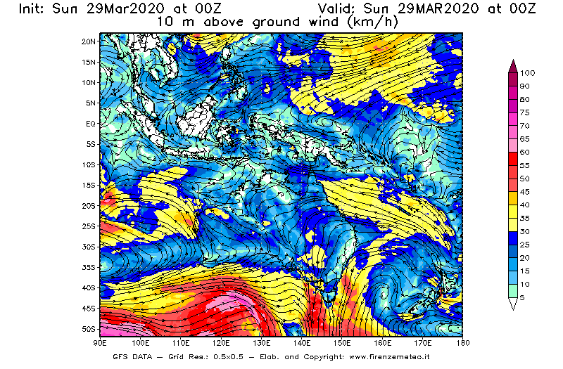 Mappa di analisi GFS - Velocità del vento a 10 metri dal suolo [km/h] in Oceania
							del 29/03/2020 00 <!--googleoff: index-->UTC<!--googleon: index-->