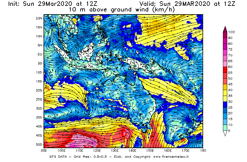 Mappa di analisi GFS - Velocità del vento a 10 metri dal suolo [km/h] in Oceania
							del 29/03/2020 12 <!--googleoff: index-->UTC<!--googleon: index-->