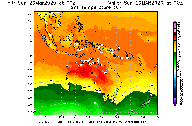 Mappa di analisi GFS - Temperatura a 2 metri dal suolo [°C] in Oceania
							del 29/03/2020 00 <!--googleoff: index-->UTC<!--googleon: index-->