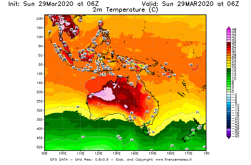 Mappa di analisi GFS - Temperatura a 2 metri dal suolo [°C] in Oceania
							del 29/03/2020 06 <!--googleoff: index-->UTC<!--googleon: index-->
