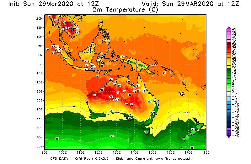 Mappa di analisi GFS - Temperatura a 2 metri dal suolo [°C] in Oceania
							del 29/03/2020 12 <!--googleoff: index-->UTC<!--googleon: index-->