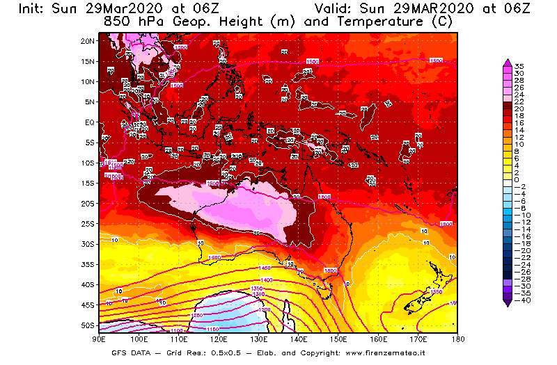 Mappa di analisi GFS - Geopotenziale [m] e Temperatura [°C] a 850 hPa in Oceania
							del 29/03/2020 06 <!--googleoff: index-->UTC<!--googleon: index-->