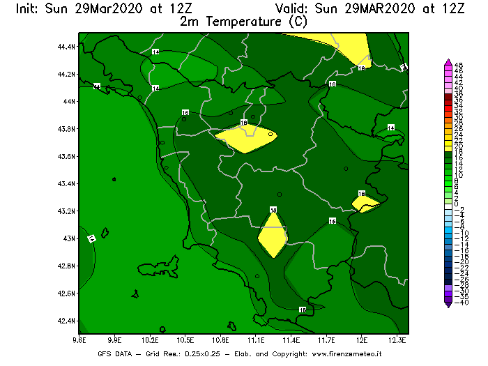 Mappa di analisi GFS - Temperatura a 2 metri dal suolo [°C] in Toscana
							del 29/03/2020 12 <!--googleoff: index-->UTC<!--googleon: index-->