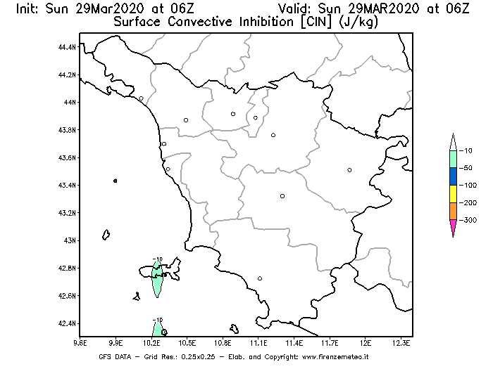Mappa di analisi GFS - CIN [J/kg] in Toscana
							del 29/03/2020 06 <!--googleoff: index-->UTC<!--googleon: index-->