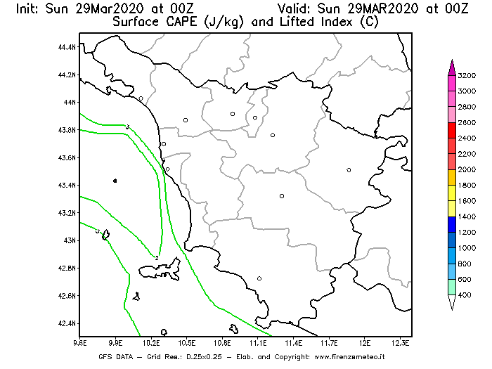 Mappa di analisi GFS - CAPE [J/kg] e Lifted Index [°C] in Toscana
							del 29/03/2020 00 <!--googleoff: index-->UTC<!--googleon: index-->