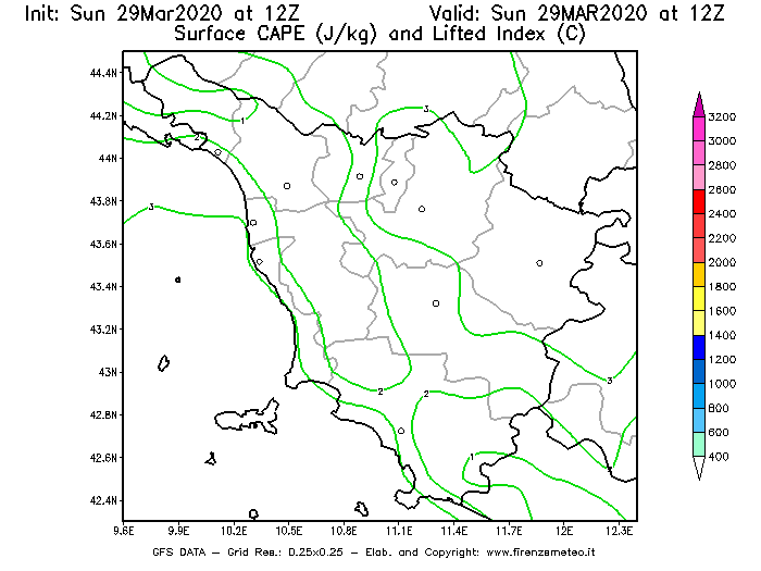 Mappa di analisi GFS - CAPE [J/kg] e Lifted Index [°C] in Toscana
							del 29/03/2020 12 <!--googleoff: index-->UTC<!--googleon: index-->