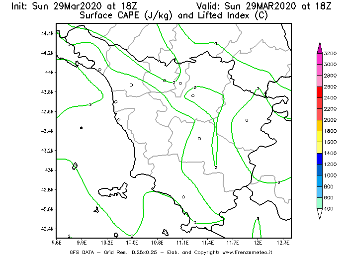 Mappa di analisi GFS - CAPE [J/kg] e Lifted Index [°C] in Toscana
							del 29/03/2020 18 <!--googleoff: index-->UTC<!--googleon: index-->