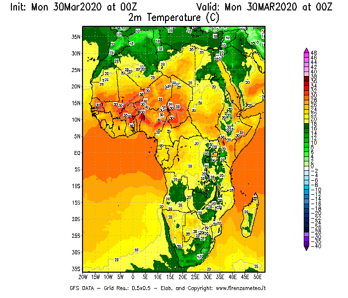 Mappa di analisi GFS - Temperatura a 2 metri dal suolo [°C] in Africa
							del 30/03/2020 00 <!--googleoff: index-->UTC<!--googleon: index-->