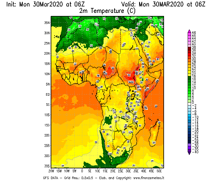 Mappa di analisi GFS - Temperatura a 2 metri dal suolo [°C] in Africa
							del 30/03/2020 06 <!--googleoff: index-->UTC<!--googleon: index-->