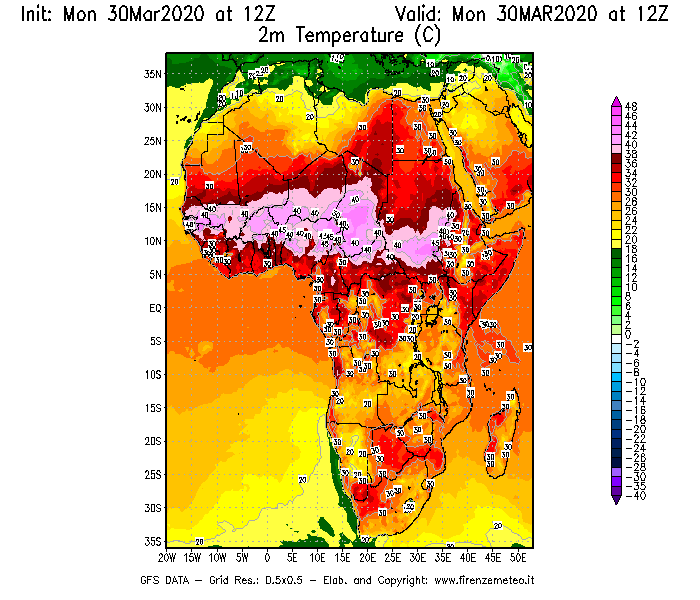 Mappa di analisi GFS - Temperatura a 2 metri dal suolo [°C] in Africa
							del 30/03/2020 12 <!--googleoff: index-->UTC<!--googleon: index-->