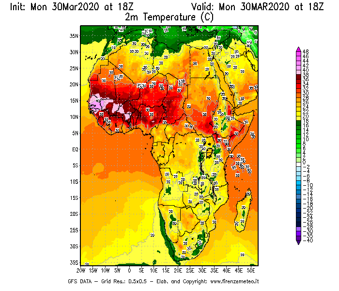 Mappa di analisi GFS - Temperatura a 2 metri dal suolo [°C] in Africa
							del 30/03/2020 18 <!--googleoff: index-->UTC<!--googleon: index-->