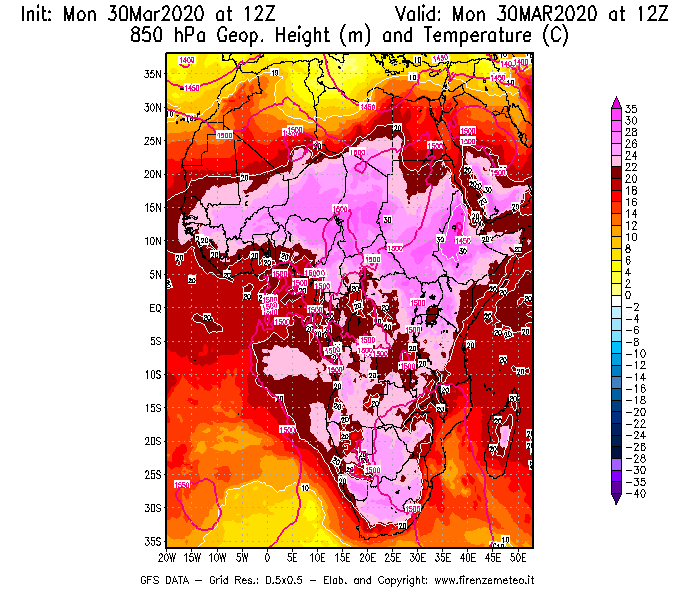 Mappa di analisi GFS - Geopotenziale [m] e Temperatura [°C] a 850 hPa in Africa
							del 30/03/2020 12 <!--googleoff: index-->UTC<!--googleon: index-->