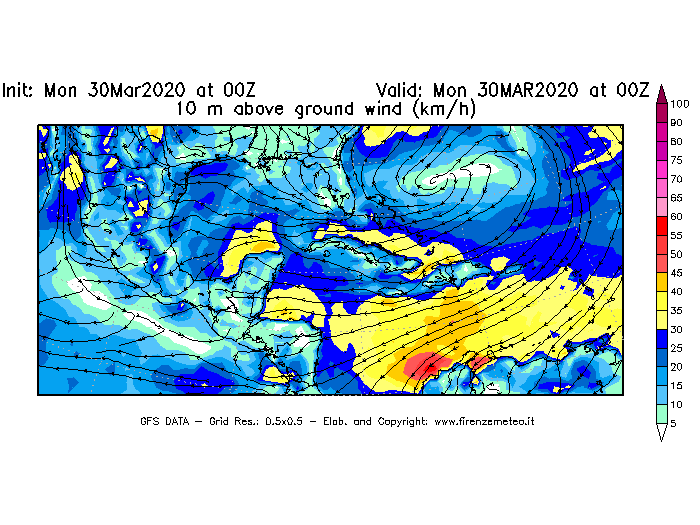Mappa di analisi GFS - Velocità del vento a 10 metri dal suolo [km/h] in Centro-America
							del 30/03/2020 00 <!--googleoff: index-->UTC<!--googleon: index-->