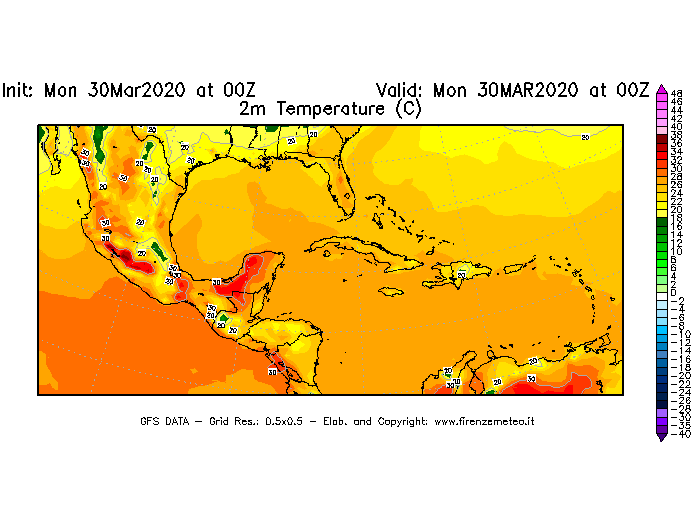 Mappa di analisi GFS - Temperatura a 2 metri dal suolo [°C] in Centro-America
							del 30/03/2020 00 <!--googleoff: index-->UTC<!--googleon: index-->