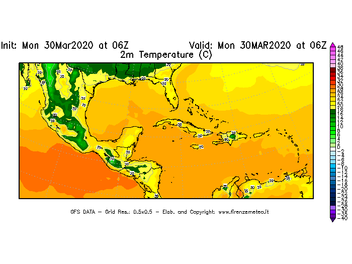 Mappa di analisi GFS - Temperatura a 2 metri dal suolo [°C] in Centro-America
							del 30/03/2020 06 <!--googleoff: index-->UTC<!--googleon: index-->