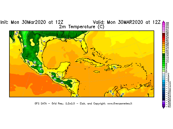 Mappa di analisi GFS - Temperatura a 2 metri dal suolo [°C] in Centro-America
							del 30/03/2020 12 <!--googleoff: index-->UTC<!--googleon: index-->