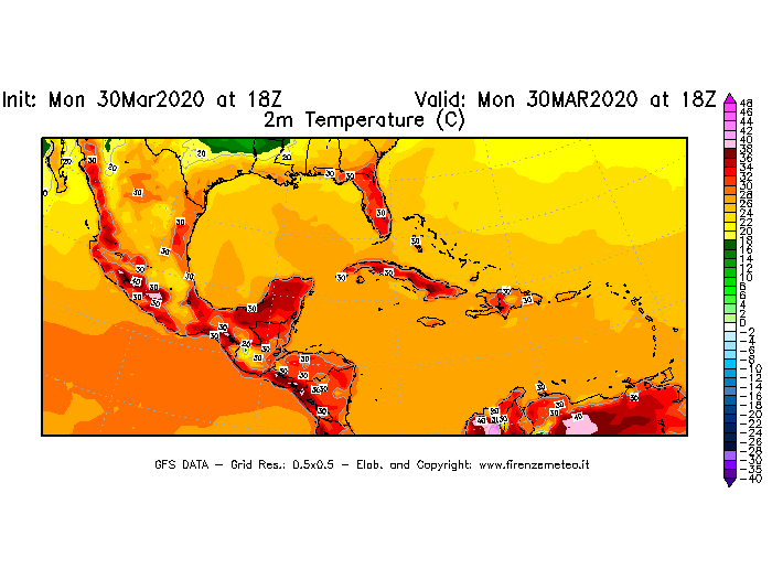 Mappa di analisi GFS - Temperatura a 2 metri dal suolo [°C] in Centro-America
							del 30/03/2020 18 <!--googleoff: index-->UTC<!--googleon: index-->