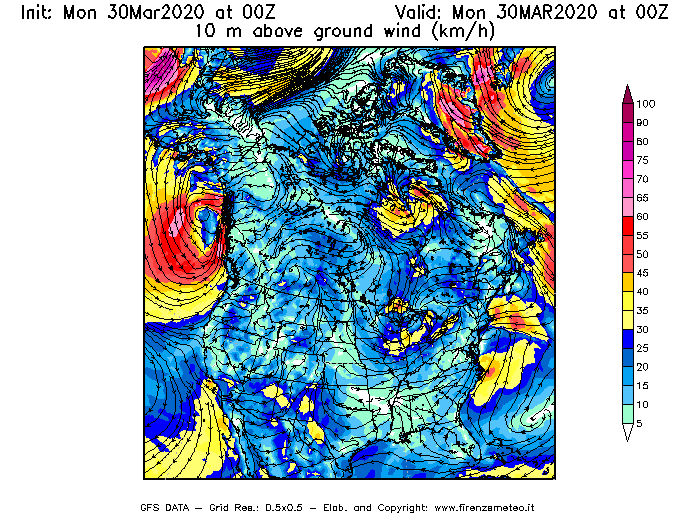 Mappa di analisi GFS - Velocità del vento a 10 metri dal suolo [km/h] in Nord-America
							del 30/03/2020 00 <!--googleoff: index-->UTC<!--googleon: index-->