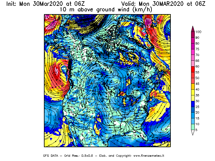 Mappa di analisi GFS - Velocità del vento a 10 metri dal suolo [km/h] in Nord-America
							del 30/03/2020 06 <!--googleoff: index-->UTC<!--googleon: index-->