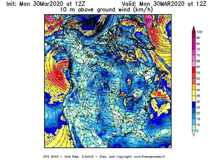 Mappa di analisi GFS - Velocità del vento a 10 metri dal suolo [km/h] in Nord-America
							del 30/03/2020 12 <!--googleoff: index-->UTC<!--googleon: index-->
