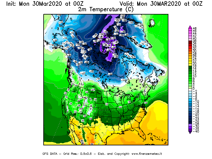 Mappa di analisi GFS - Temperatura a 2 metri dal suolo [°C] in Nord-America
							del 30/03/2020 00 <!--googleoff: index-->UTC<!--googleon: index-->