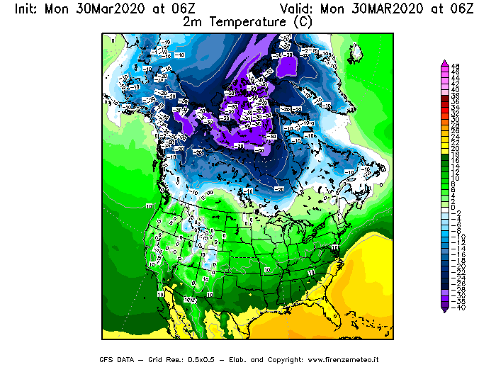 Mappa di analisi GFS - Temperatura a 2 metri dal suolo [°C] in Nord-America
							del 30/03/2020 06 <!--googleoff: index-->UTC<!--googleon: index-->